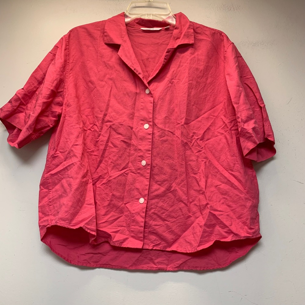 Uniqlo Linen Blend Shirt Womens M Pink Excellent Short Sleeve Button Up 455752
